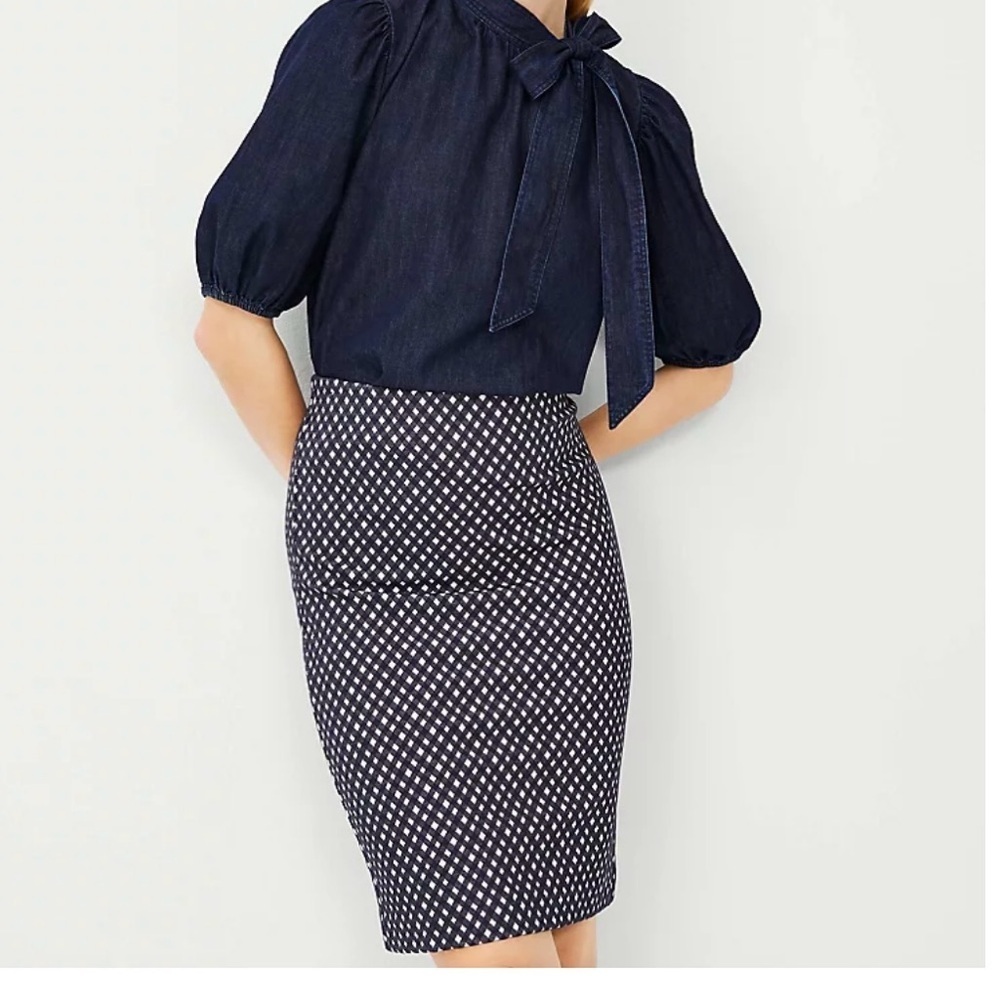 NWT…..ANN TAYLOR Medium Petite Checked Pull On Pencil Skirt
